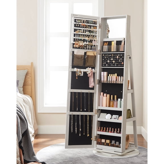 SONGMICS White with Gray Wood Grain 360° Swivel Jewelry Cabinet,Lockable Jewelry Organizer Boasting Mirror, Rear Storage Shelves, Interior Mirror.