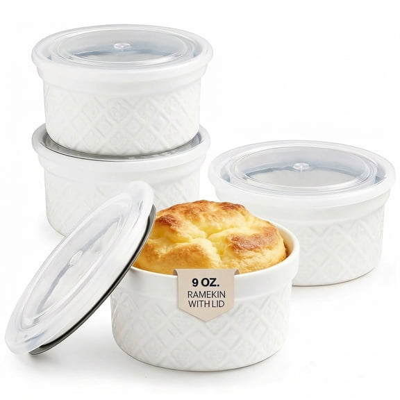 White (with Lid) 9 oz Ceramic Set of 4, Oven Safe Baking Serving Cups