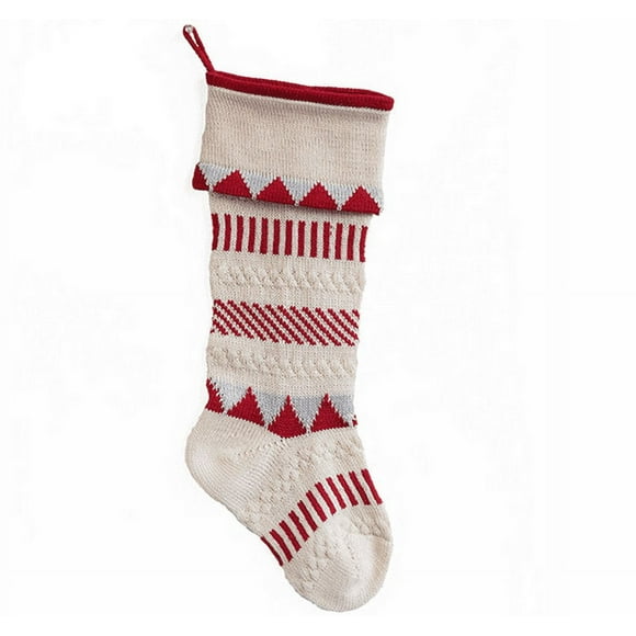 White with Patterned Red Stripes and Trees Hand Knitted Christmas Stocking