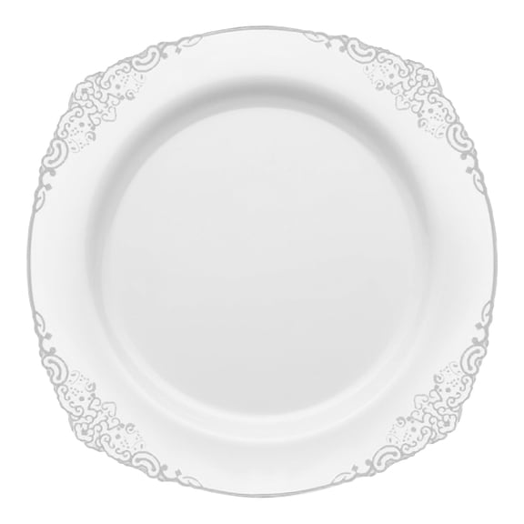 Smarty 7.5” White with Silver Fancy Round Disposable Plastic Salad Plates 120ct