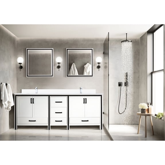 White wood double bath vanity unit | With a marble top and single - hole faucet | Offer a durable and practical solution