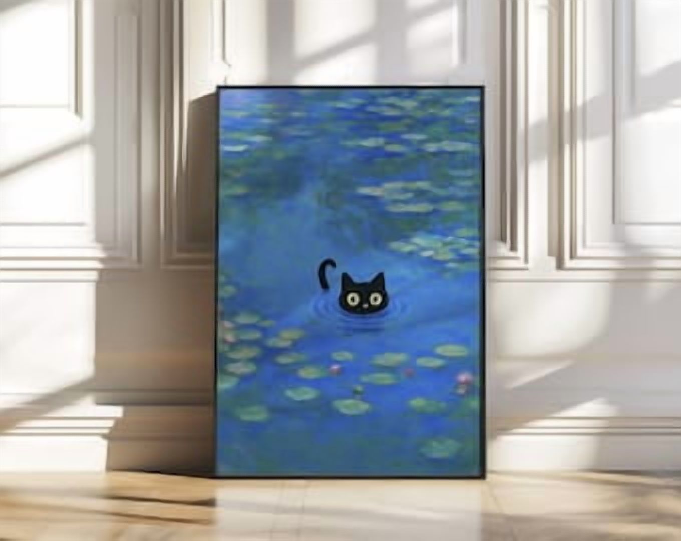 WhitePeak Art Cute Black Cat Swimming In Monet-Style Water Lilies As ...