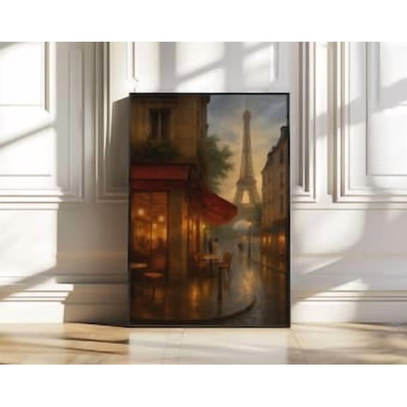 WhitePeak Art Paris Eiffel Tower Poster – Romantic City Street Scene With Café And Couple At Dusk – French Wall For Home – , Housewarming Gift Ideas, Size 8x12 UNFFRAMED
