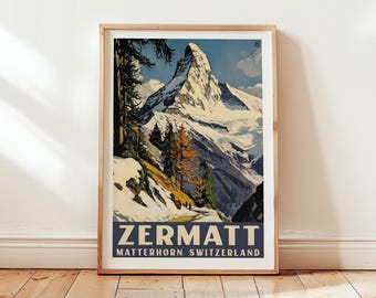 WhitePeak Art Zermatt Matterhorn Poster, Vintage Swiss Alps Wall Art ...