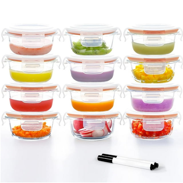 WhiteRhino 12 Pack 7oz Glass Baby Food Containers,Reusable Leakproof