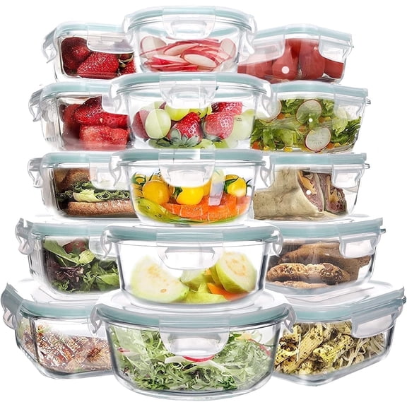 WhiteRhino 15 Packs Glass Food Storage Container with Airtight Lids,Stackable Square Meal Prep Containers for Kitchen Freezer,Round Glass Lunch Box