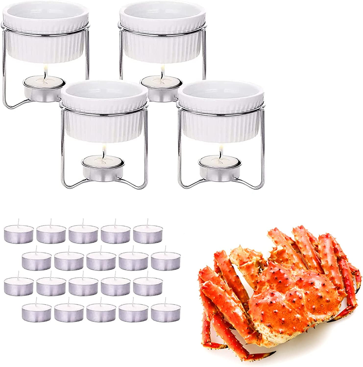 WhiteRhino 4 Pcs Ceramic Butter Warmers with 20Pcs tealight candles for  Seafood,Lobster or Cheese Fondue Set 