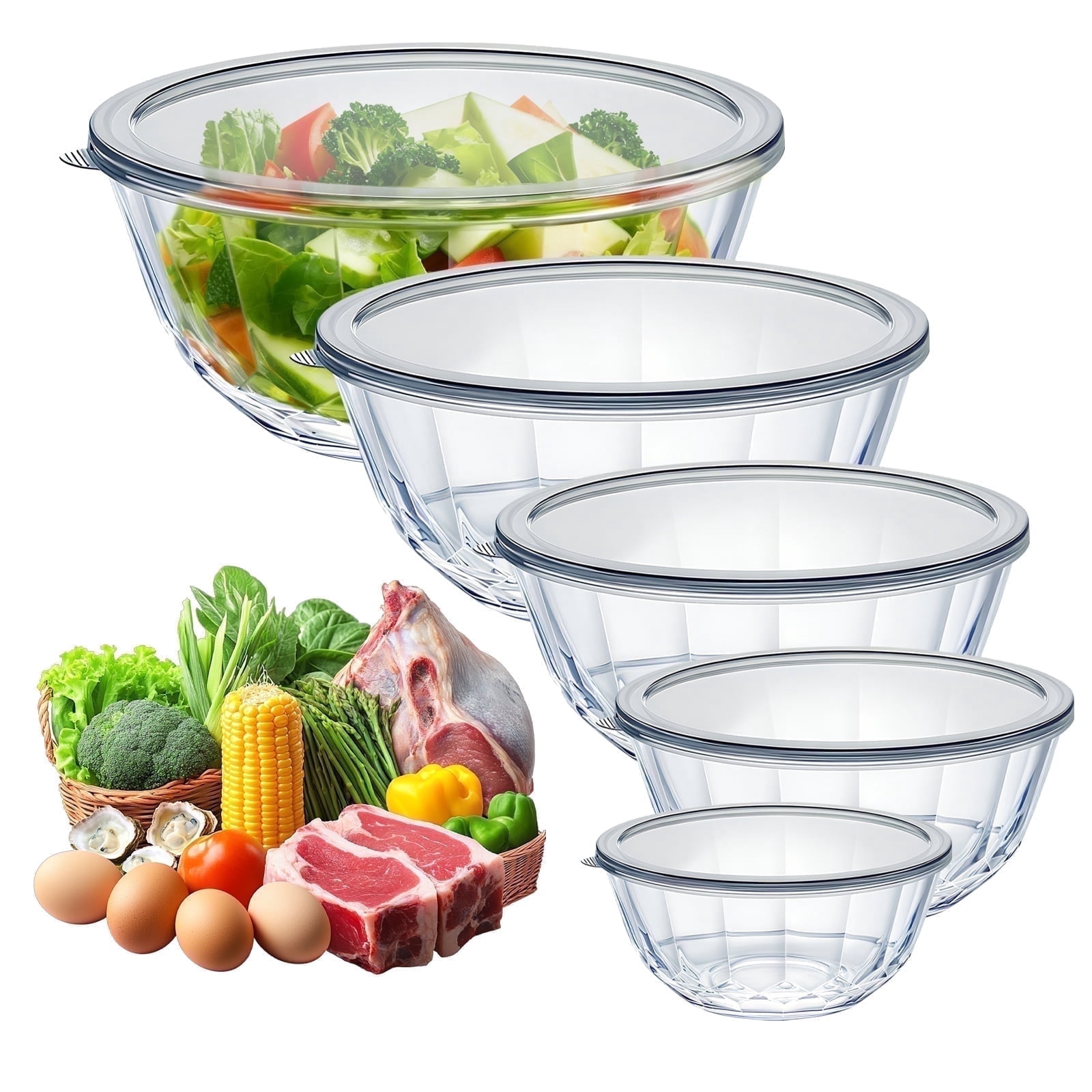 WhiteRhino 5 Packs Glass Mixing Bowls with Lids Set,Large Glass Nesting Bowl for Serving,Salad,Meal Prep,Baking,Kitchen Storage