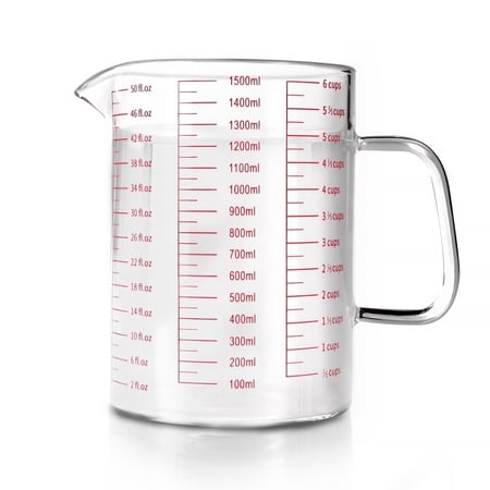 WhiteRhino 6 Cup Glass Measuring Cup with Handle, 50 oz Large Capacity for Baking Cooking, Easy Read and Wash