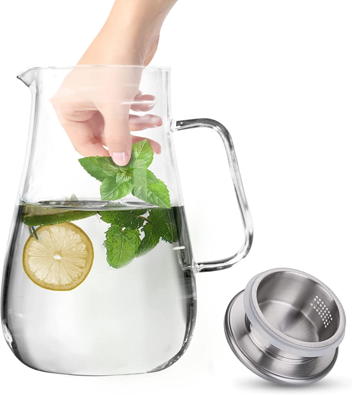 Bunhut Glass Pitcher with Lid,68 Ounces Water Pitcher for Hot Cold Drinks,Glass Water Jar with Heat-Resistant Handle,Large Beverage Pitcher,High