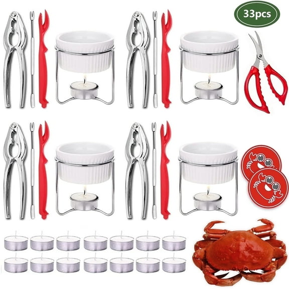 WhiteRhino Crab Crackers and Tools ,4 Lobster Crackers,33 Pieces Seafood Tools Set for Serving Crab Boil Party Supply,Red