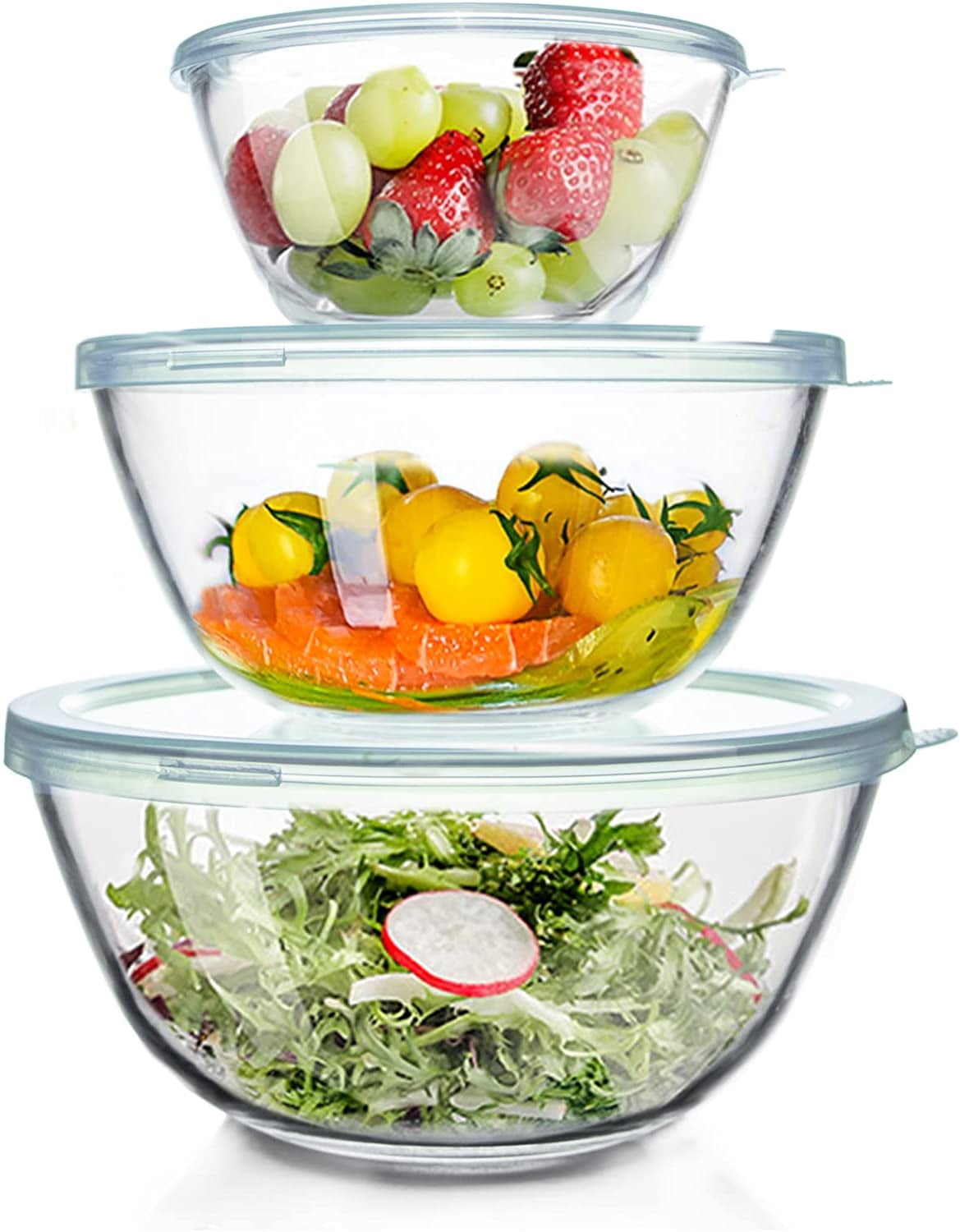 Glass Mixing Bowl with Lids Set of 5, 0.2, 0.5, 1.1, 2.1, 3.75 QT, Large  Salad B