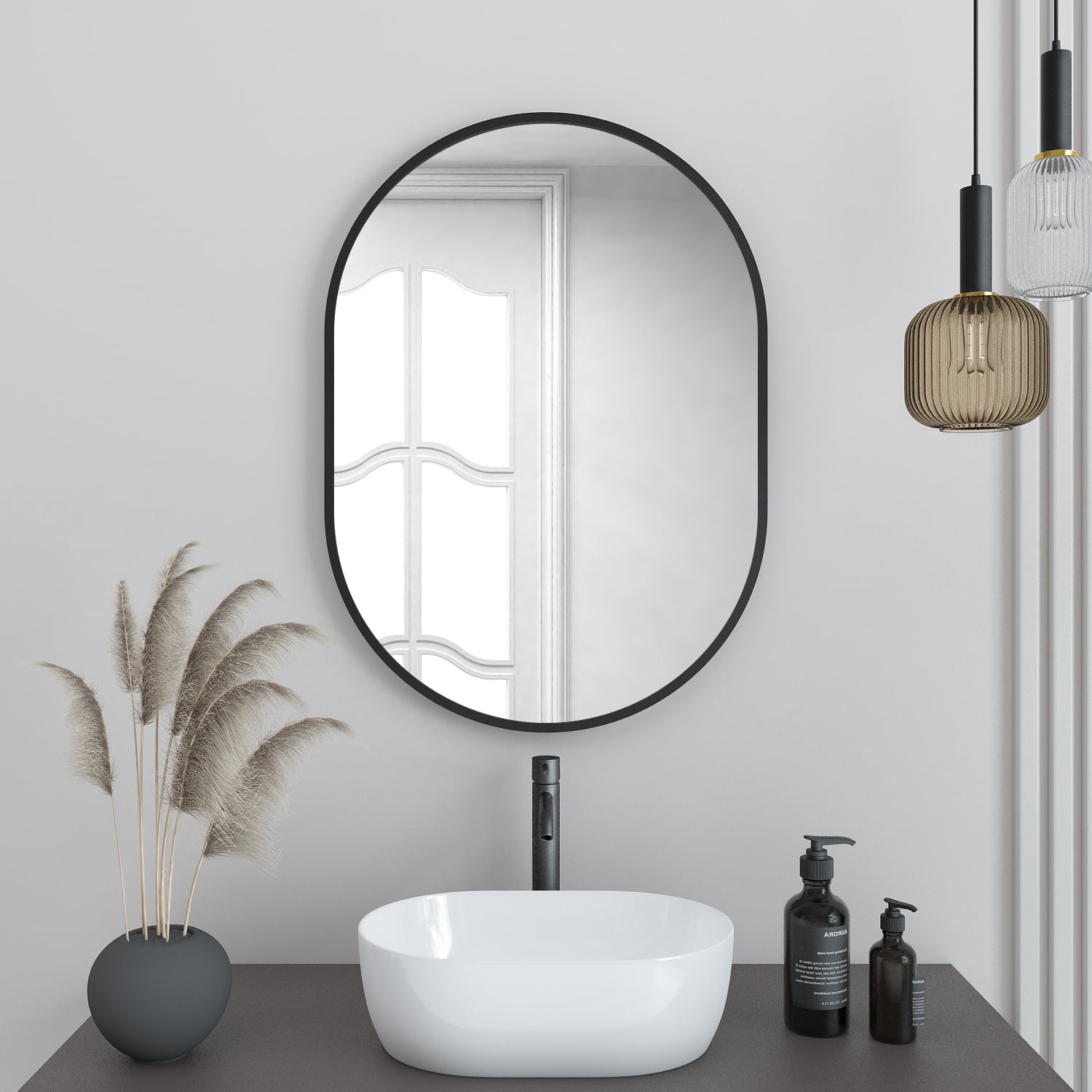 "Whitebeach Modern Black Oval Bathroom Mirror, 20x28"" Metal Frame ...