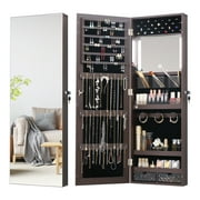 Whitebeach LED Jewelry Armoire Cabinet Full Length Mirror With Storage Lockable Wall/Door Mounted with Mirror Brown