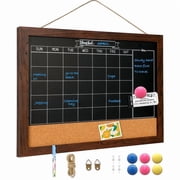 Whiteboard Calendar & Corkboard for Wall, 16"x12" Chalkboard Magnetic Dry Erase Monthly Calendar Chalkboard with Wood Framed, Chalk Board Cork Board Combo, Cale