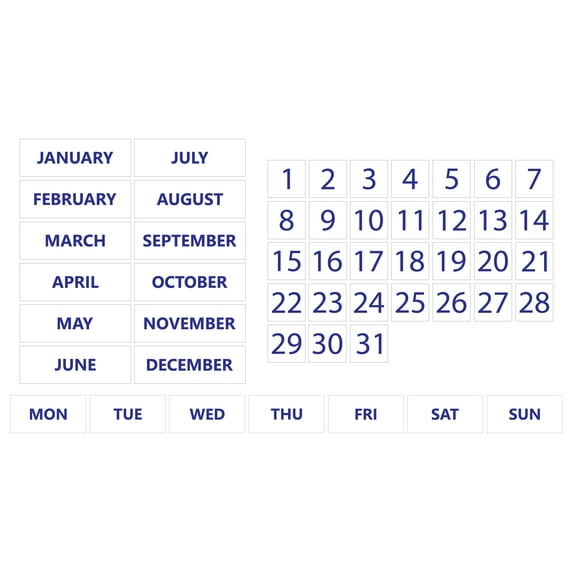 Whiteboard Calendar Magnet Non-Abbreviated Bundle (Dates, Days of The Week, Months) by DCM Solutions (Blue Inverted, 1"x1")