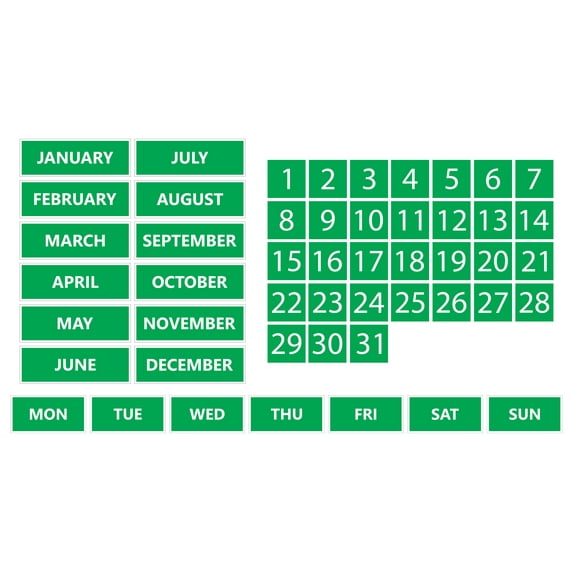 Whiteboard Calendar Magnet Non-Abbreviated Bundle (Dates, Days of The Week, Months) by DCM Solutions (Green, 0.5"x0.5")