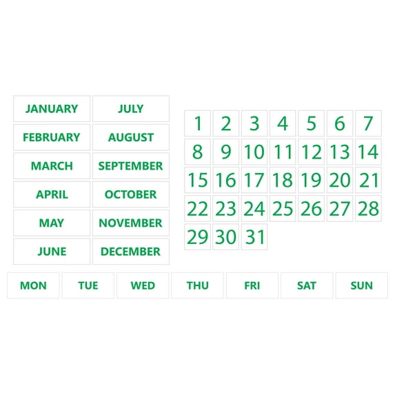 Whiteboard Calendar Magnet Non-Abbreviated Bundle (Dates, Days of The Week, Months) by DCM Solutions (Green Inverted, 1"x1")