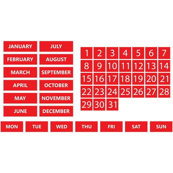 Whiteboard Calendar Magnet Non-Abbreviated Bundle (Dates, Days of The Week, Months) by DCM Solutions (Red, 1"x1")