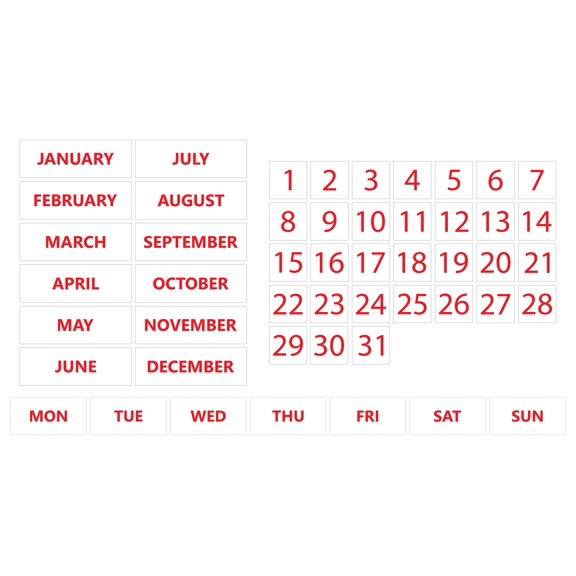 Whiteboard Calendar Magnet Non-Abbreviated Bundle (Dates, Days of The Week, Months) by DCM Solutions (Red Inverted, 0.5"x0.5")
