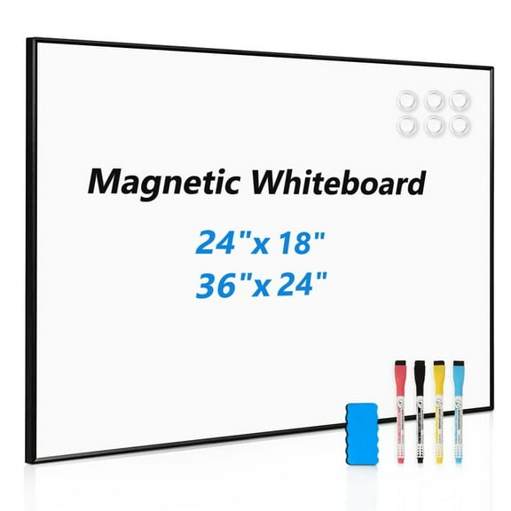 Whiteboard Magnetic Board 24" x 18" Dry Erase Whiteboard, Magnetic Whiteboard Dry Erase Board with 6 Magnets, 4 Markers & 1 Eraser, to Do List Notepad for Office, Home, Black Aluminum Framed
