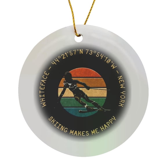 3drose, Whiteface, New York. Woman Skier. Yellow, Black. Downhill Skiing Gift, Circle Porcelain Ornament