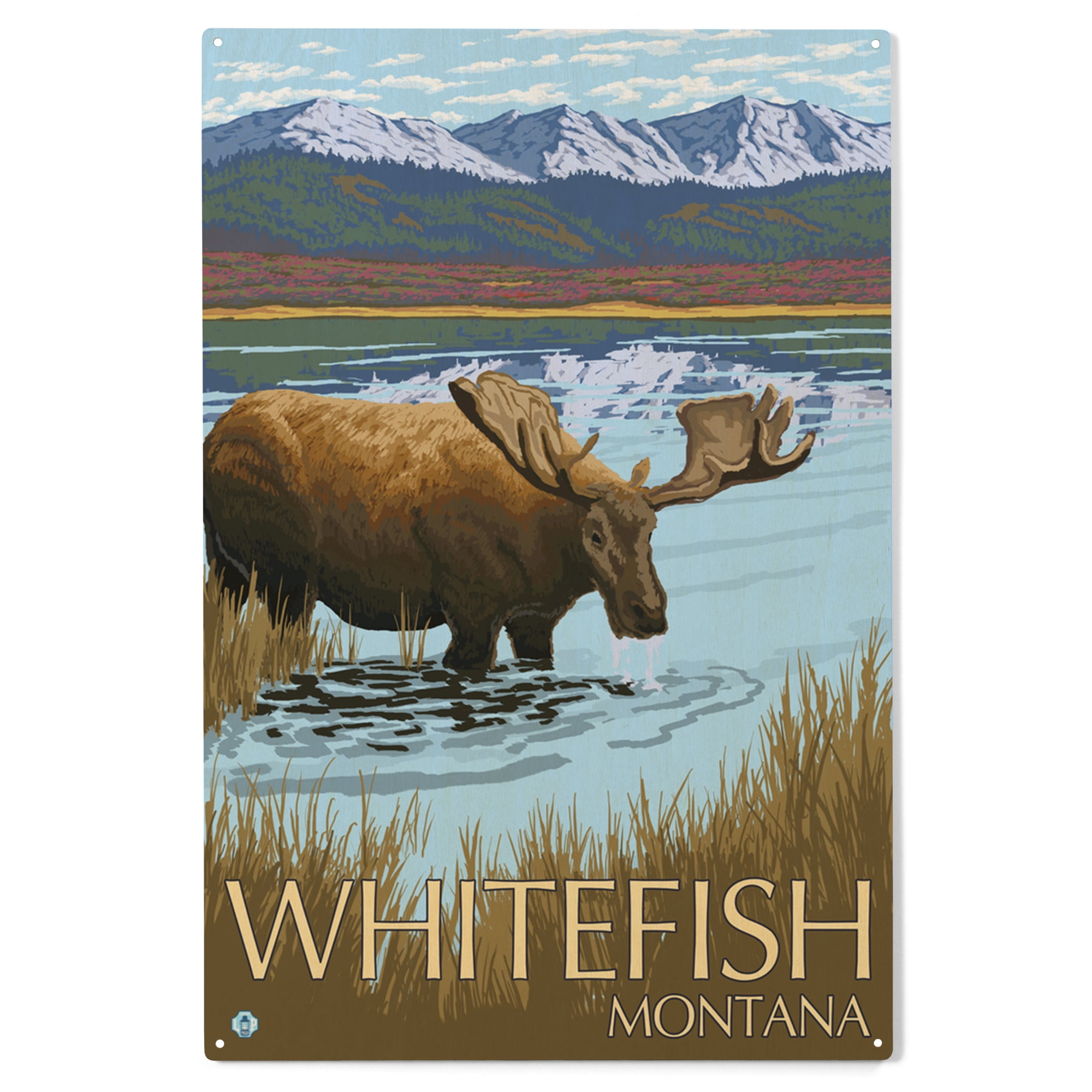 Whitefish, Montana, Moose Drinking Birch Wood Wall Sign (10x15 Rustic Home Decor, Ready to Hang