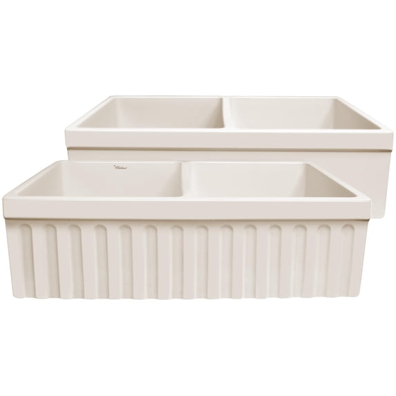 Quatro Alcove Reversible Series Apron Front Fireclay 33 in. 0-Hole Double Bowl Kitchen Sink in Biscuit