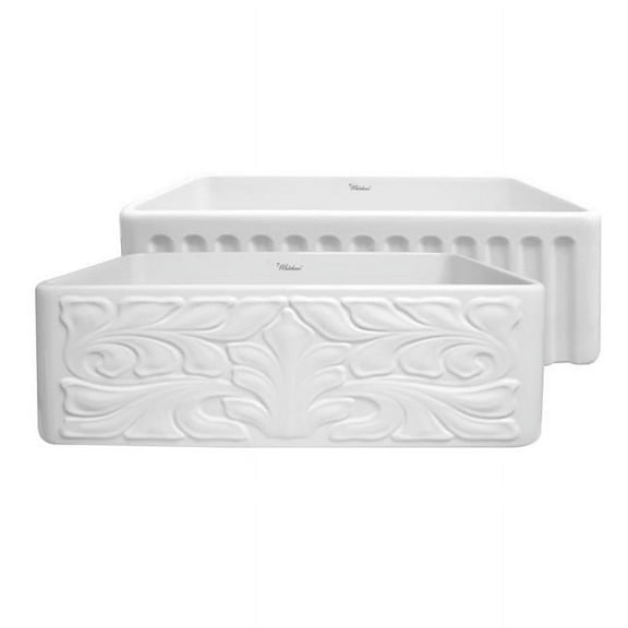 Farmhaus Fireclay Reversible Sink with a Gothichaus Swirl Design Front Apron on One Side, and a Fluted Front Apron on the Opposite Side.