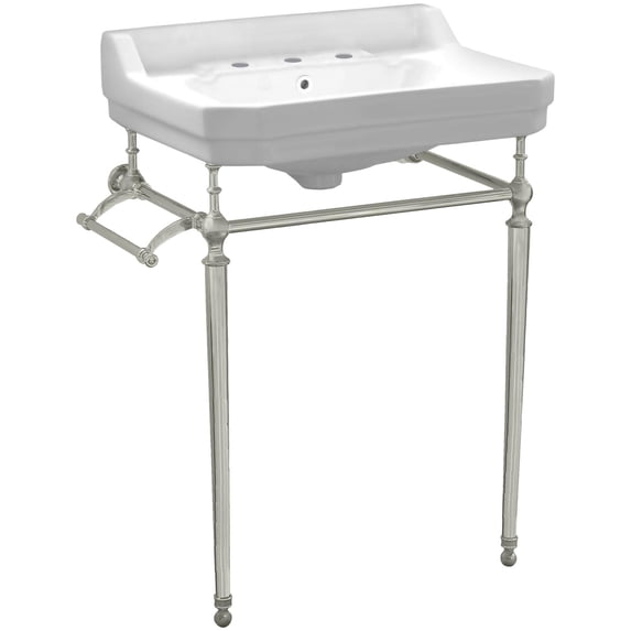 Victoriahaus console with integrated rectangular bowl with widespread hole drill, Brushed Nickel leg support, interchangable towel bar, backsplash and overflow