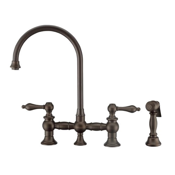 Whitehaus Vintage III Plus Bridge Faucet with Long Gooseneck Swivel Spout, Lever Handles and Solid Brass Side Spray