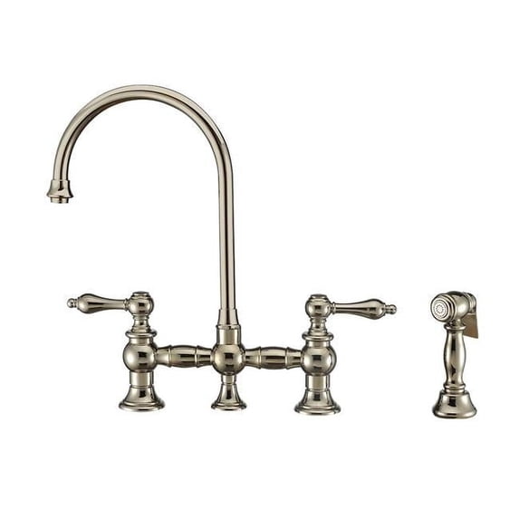 Whitehaus Vintage III Plus Bridge Faucet with Long Gooseneck Swivel Spout, Lever Handles and Solid Brass Side Spray