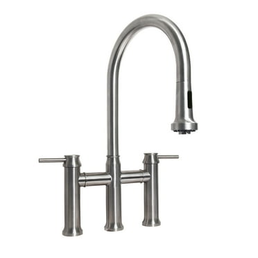 Whitehaus Collection WHS6900-PDK-PSS Waterhaus  Solid Stainless Steel Bridge Faucet with a Gooseneck Swivel Spout - Polished Stainless Steel