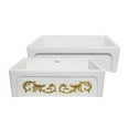 thumbnail image 1 of St. Ives Ornamental 33" Reversible Fireclay Kitchen Sink with  Intricate Embossed Vine Design Front Apron on one side and an Elegant Beveled Front Apron on the Opposite Side, 1 of 4