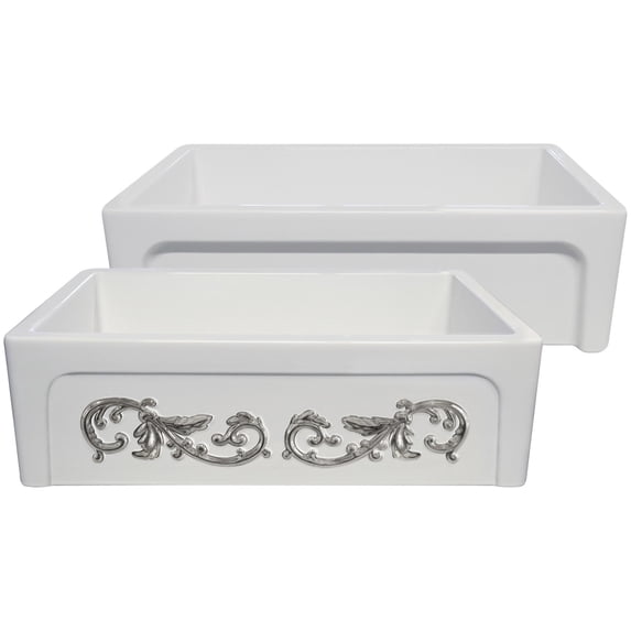 St. Ives Ornamental 33" Reversible Fireclay Kitchen Sink with Intricate Embossed Vine Design Front Apron on one side and an Elegant Beveled Front Apron on the Opposite Side
