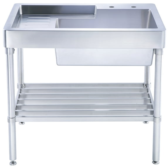 Pearlhaus Brushed Stainless Steel Single Bowl, Freestanding Utility Sink with Drainboard and Lower Rack - Brushed Stainless Steel