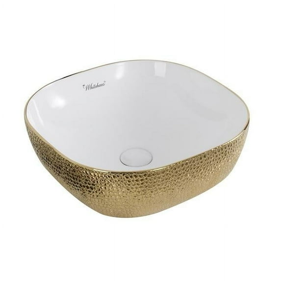 Isabella Plus Collection Square Above Mount Basin with an Embossed Exterior, Smooth Interior, and Center Drain - White/Gold