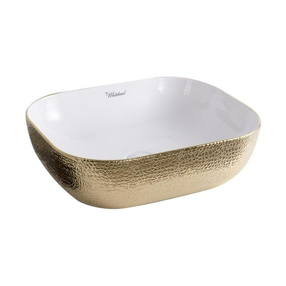 Isabella Plus Collection Rectangular Above Mount Basin with an Embossed Exterior, Smooth Interior, and Center Drain - White/Gold