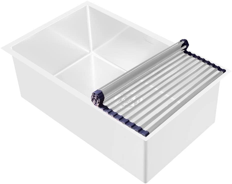 Brushed Stainless Steel Over-the-Sink Rolling Mat with Black Rubber Edges