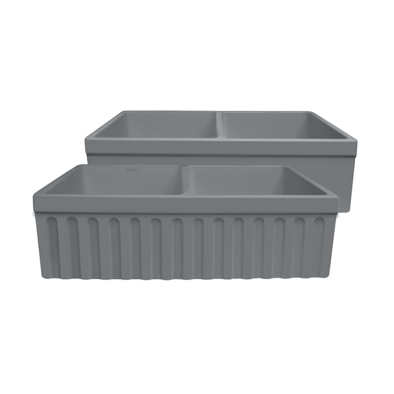 Farmhaus Quatro Alcove Reversible Matte Double Bowl Fireclay Kitchen Sink with Fluted 2" Lip Front Apron on one Side and a 2 ½" Lip Plain on the Opposite Side