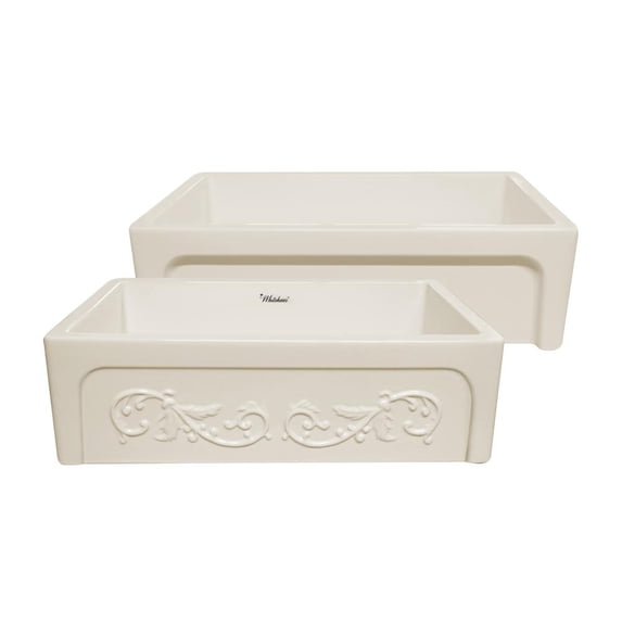 Glencove St. Ives 33" Front Apron Fireclay Sink with an Intricate Vine Design on one side and an Elegant Beveled Front Apron on the Opposite Side