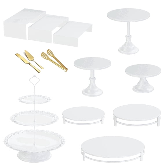 Whitejianpeak 13pcs White Cake Stand Set, Metal Dessert Table Display Set with Cake Display Stand, 3-Tier Cupcake Stand, Cake Cutting Set and Serving Tongs for Birthday Party Wedding Baby Shower