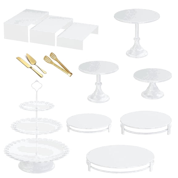 Whitejianpeak 13pcs White Cake Stand Set, Metal Dessert Table Display Set with Cake Display Stand, 3-Tier Cupcake Stand, Cake Cutting Set and Serving Tongs for Birthday Party Wedding Baby Shower