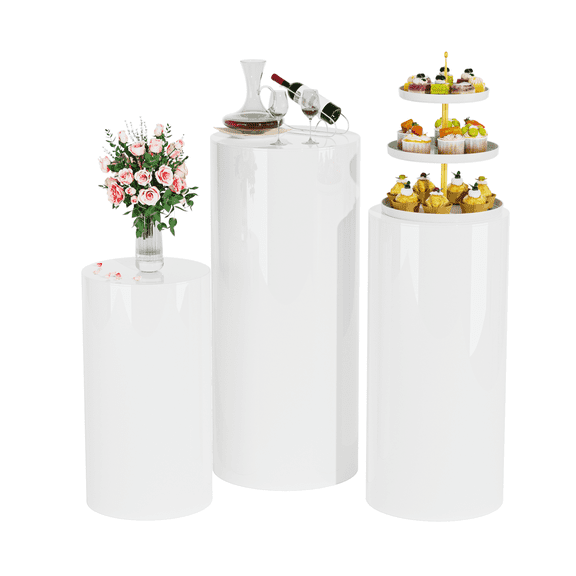 Whitejianpeak Round Cylinder Pedestals Stand, 3Pcs White Cylinder Stands for Party, Acrylic Cake Pedestals Table for Display Wedding Birthday Baby Shower