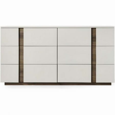 Romina Dresser, Light Grey Lacquer TCA-11 Gri 3413, 6 Self-Closing Drawers with Inner Handles in Walnut Veneer TCA-53 Acik Hareli Ceviz