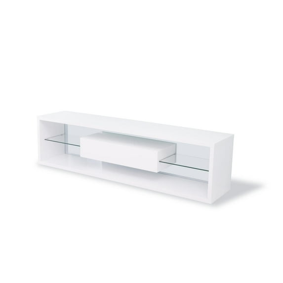 Vera Tv Unit, Floating Drawer, Clear Back Glass And 2 Glass Shelves-Finish:High Gloss White