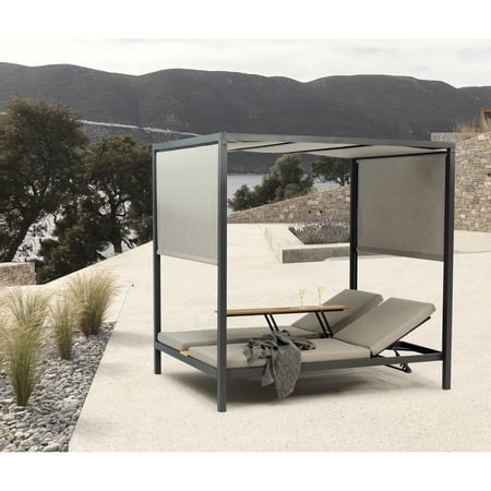 Whiteline Modern Living Alena Gazebo, Two Grey Polyester Sling Loungers, Wood Tray in Between, Adjustable Positions, Dark Grey Aluminum Frame, Matte Powder-Coated Finish