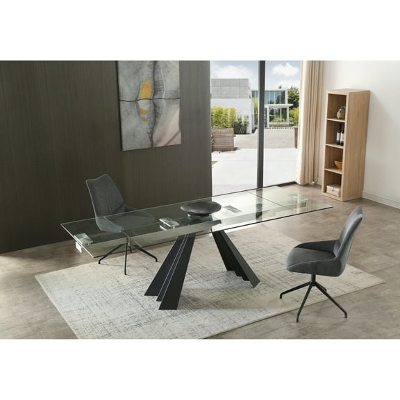 Whiteline Modern Living Chicago Extendable Dining Table 10mm tempered clear glass top, sanded black metal legs