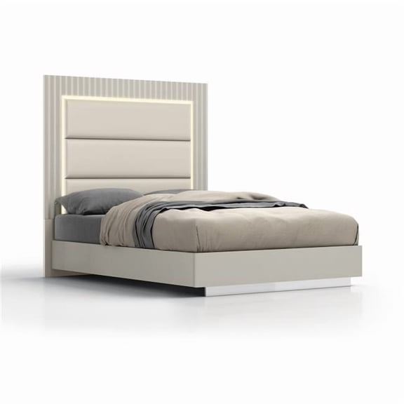 Chloe Bed Queen, Grey Frame, Upholstered Faux Leather Panel with LED Light in Headboard, Polished Stainless Steel Base