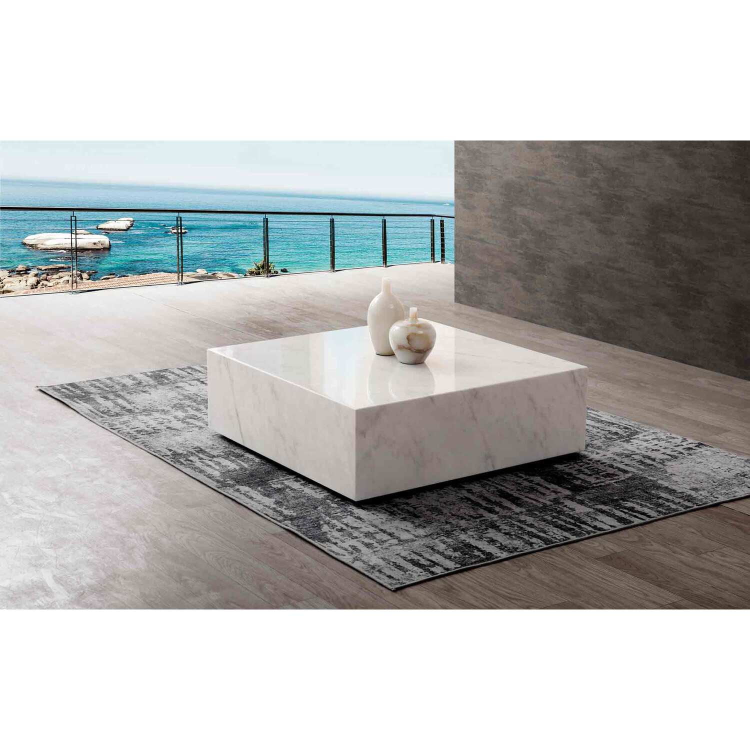 Modern Square White Marble Coffee Table with Storage Casters